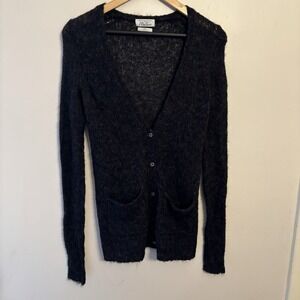 Wallace Women's Gray Mohair Wool Blend‎ Knit Cardigan V-Neck Pockets Size XS
